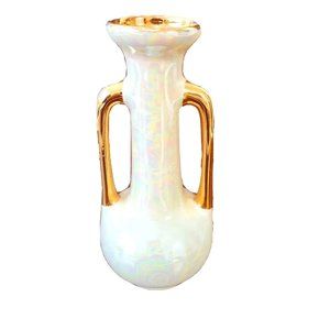 Vtg Lustreware Iridescent Bud Flower Vase Gold 2 Handle Porcelain 6" Tall